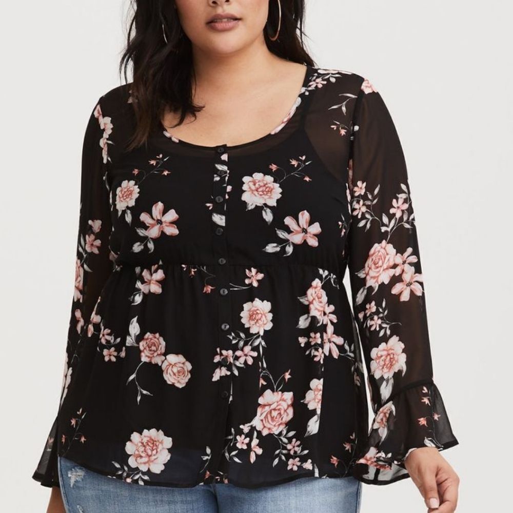 Torrid Dark Floral Black and Pink Women's Sheer Top